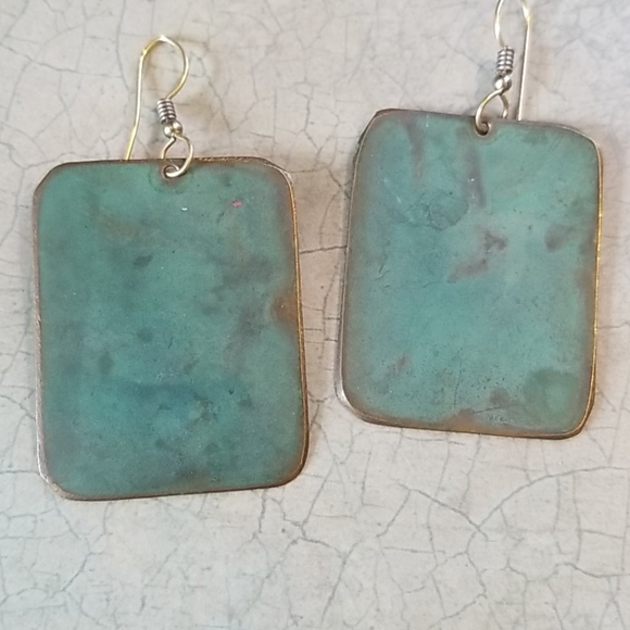 VTG.COPPER RECTANGULAR EARRINGS.VERTIGRIS.14K WIRE - Picture 1 of 2